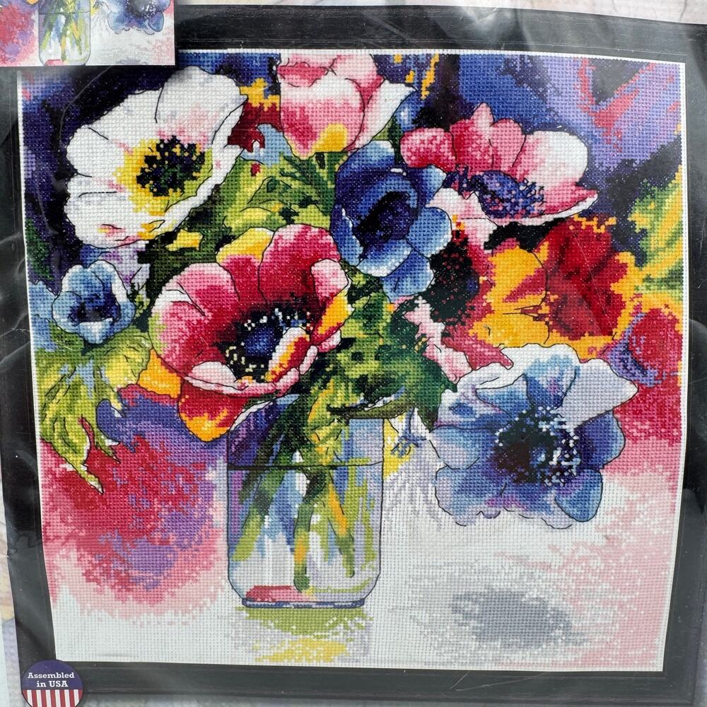 Design Works Watercolor Anemones Cross Stitch Kit 12x12 Janet Whittle 2850
